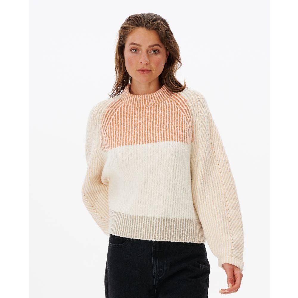 Rip Curl Seeker Sweater‎ Women XS Cream Terracotta Colorblock Mock Chenille Knit